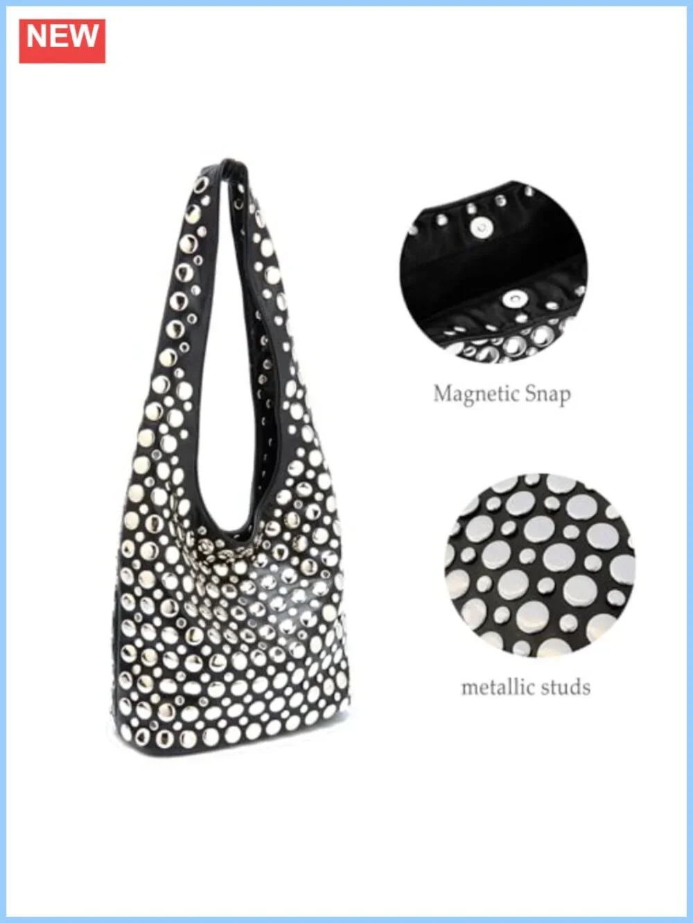 Studded Hobo Bag PU Leather Rivets Bucket Purse for Women